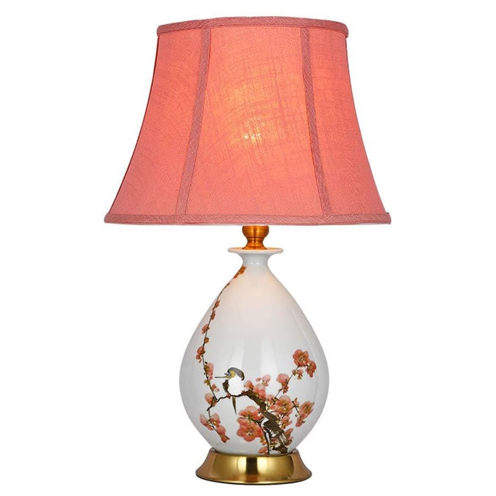 SANBDDLYY Elegant Chinese Style Plum Blossom Ceramic Table Lamp - Fabric Bedside for Home, Living Room, and Hotel(B)