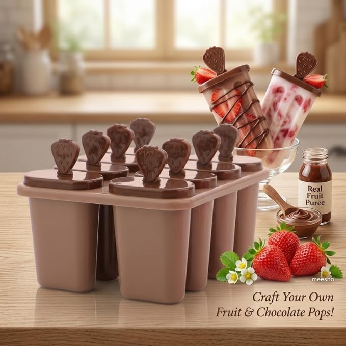 Image of BPA Free Ice Lolly and Kulfi Maker Set of 8 Reusable Popsicle Moulds Food Grade Plastic Ice Cream Popsicle Maker for Home Kitchen Multicolor (Brown)