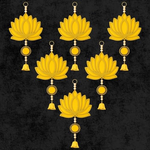 Image of ARLICORPING Wooden Lotus Wall Hanging for Festive Decoration - Diwali, Ganpati, Pooja Room, Mandir, Living Room, Door, Hall, Entrance, Spiritual Decor (Lotus - Yellow, Pack of 6)