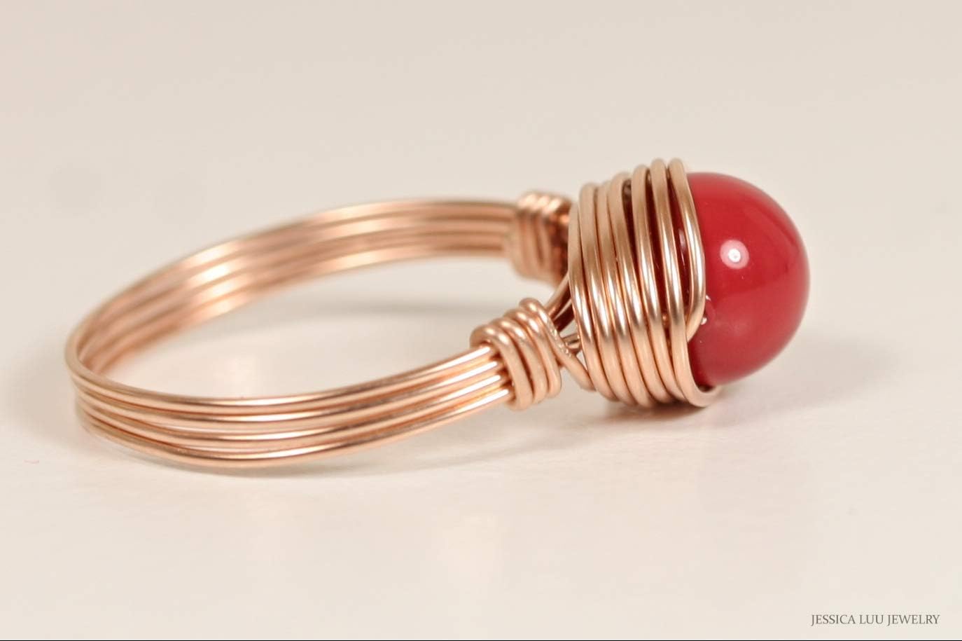 JESSICA LUU JEWELRY Red Coral Pearl Ring Wire Wrapped Rose or Yellow Gold Filled Handmade