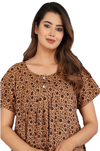 Image of Kuruti B Sheets Cotton Nighty for Women Jaipuri Print 2 Button Round Neck Short Sleeve Night Gown | Maxi Dress