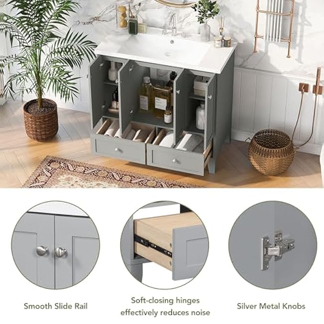 Freestanding Vanity Set, Solid Wood Frame Bathroom Storage Cabinet with Sink, 2 Drawers and 3 Storage Cabinets for Modern Bathroom, 36 Inch (Gray)