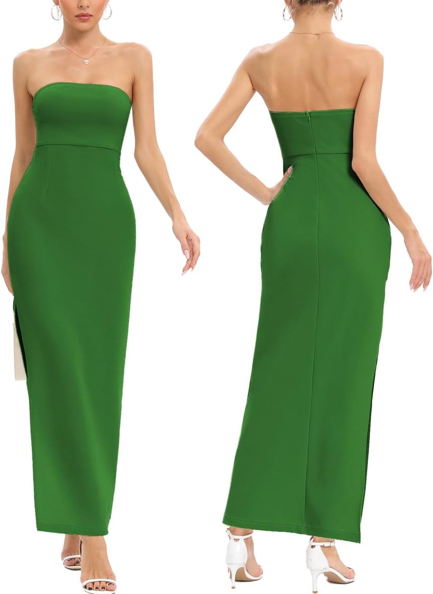JLCNCUE Women's Tube Strapless Maxi Dress Side Slit Bodycon Dresses Sleeveless Off Shoulder Backless Cocktail Dress 295