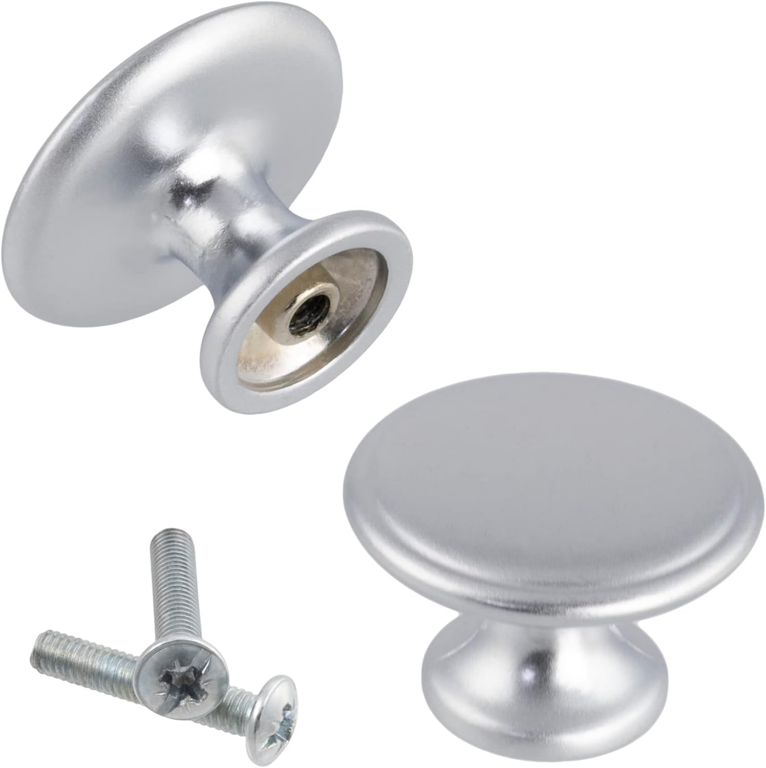 AERZETIX - C41509 – Set of 2 Round Door Knobs for Furniture Ø27 mm – Button Handle Cupboard Drawer Interior Decoration Kitchen Living Room Assembly – Metal – Matte Silver Finish