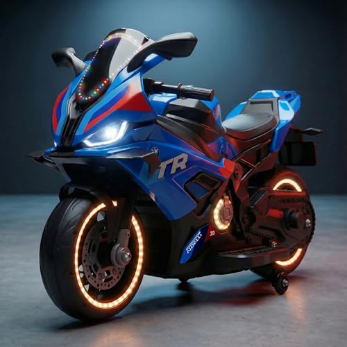 Image of Baybee BTR Baby Battery Operated Bike for Kids with Hand Accelerator USB Bluetooth, Rechargeable Rideon Toy Bike with RGB LED Light & Music, Baby Electric Bike for Kids 3+ Years Boys Girls (Blue)