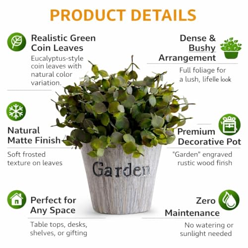 Image of Garden Art Artificial Coin Leaf Eucalyptus Bush in inchGarden inch Planter - Decorative Faux Plant for Desk, Shelf, Table & Office Decoration | Realistic Greenery Home Decor Plant (P-0226Green)