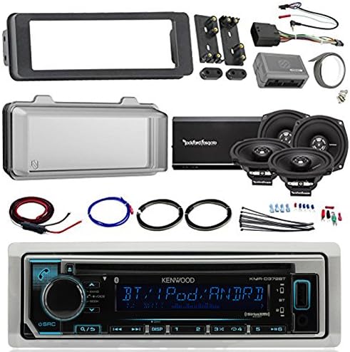 Harley Audio Package Of Kenwood KMR-D372BT Bluetooth CD MP3 Stereo Receiver Bundle Combo With Dash Trim Kit + Radio Cover + 4x 5.25 Speaker + 4 Channel Amplifier W/Install Kit + HandleBar Conroller