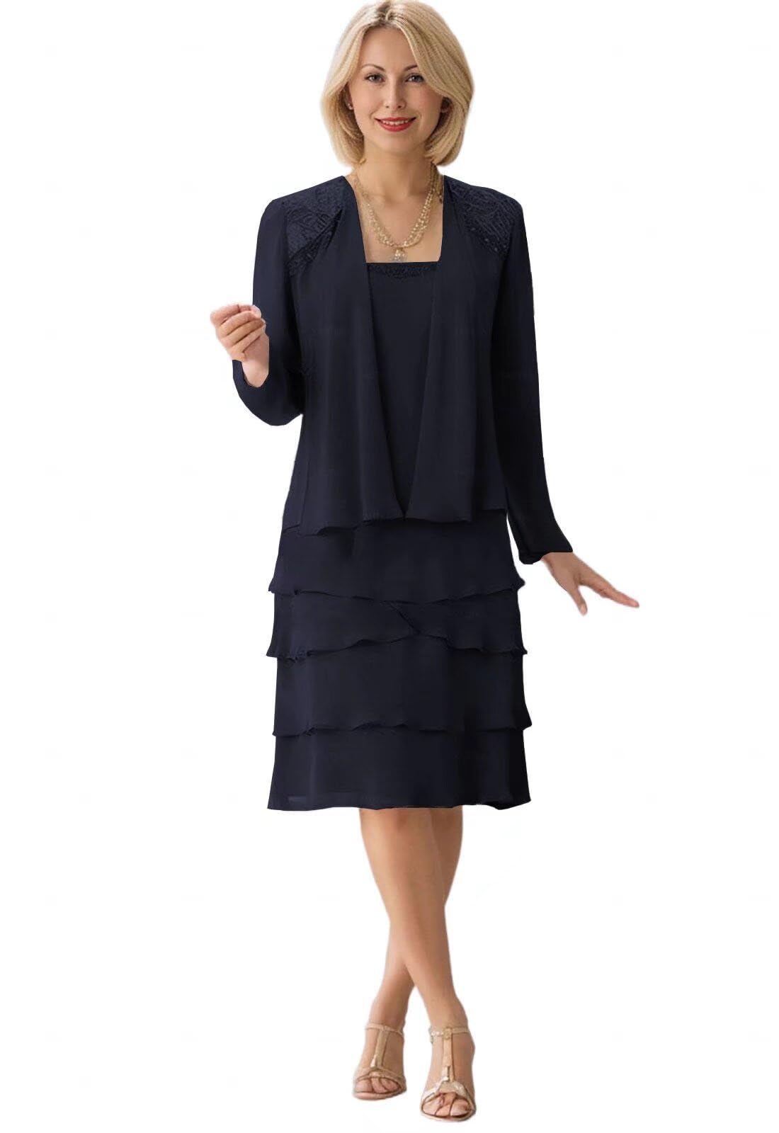 Long Sleeve Mother of The Bride Dresses for Women Tea Length Grandmother of The Bride Dress with Jacket