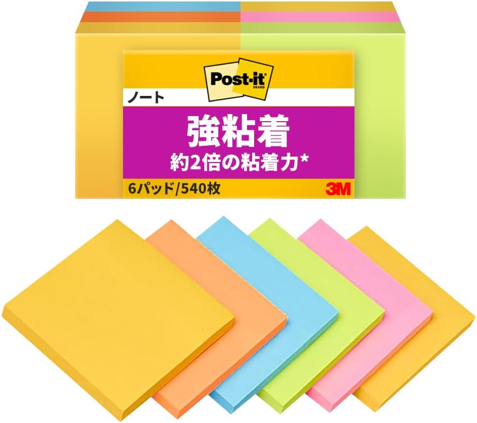 Post-it 650-6SSAN-AM Sticky Notes, Strong Adhesive, Neon Color, 2.0 x 2.0 inches (50 x 50 mm), 90 Sheets x 6 Packs