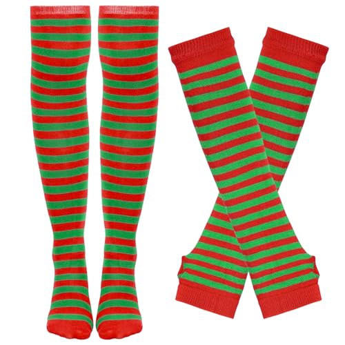 Tongcloud Christmas Womens Socks Striped Knee High Socks Arm Warmer Fingerless Gloves Set Over Knee Thigh High Arm Warmer Gloves(Green and Red)