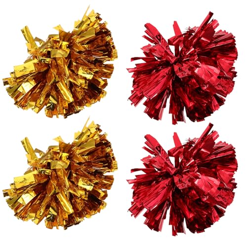 MAGICLULU Pompones de Animadora Metálicos 4 Piezas, Flores de Mano para Porristas en Rojo y Dorado, Accesorios Ligeros y Resistentes para Eventos Deportivos, Bailes y Animación Escolar