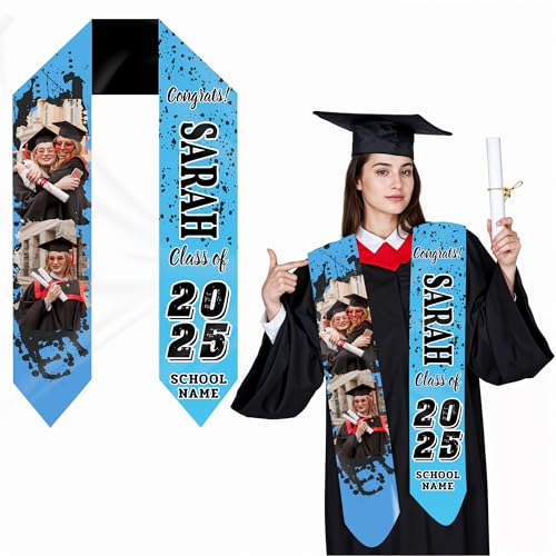 Personalized Graduation Stoles with Picture Text Grad Name and School Name Two-Sided, Stole Class of 20253