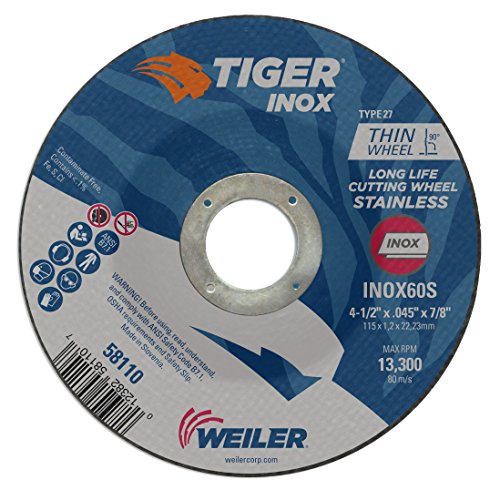 Image of Weiler 58110 4-1 /2 Inch Cutting Wheel, Tiger Inox Stainless Steel Contaminant-free High Performance Cutting, .045 inch INOX60S Type 27 7 /8 inch Arbor, Pack of 25