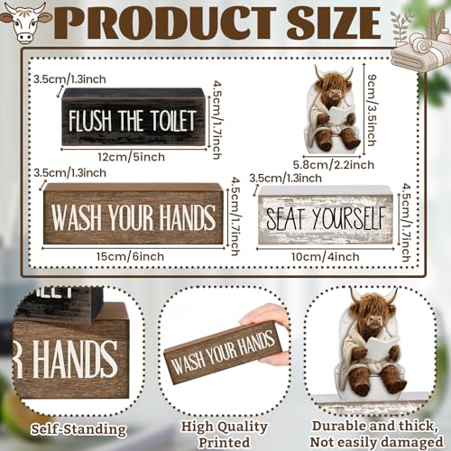 Image of Moucuny 4 Pcs Highland Cow Bathroom Decor Set Funny Rustic Wooden Tiered Tray Signs with Highland Cow Toilet Figurine, Farmhouse Bathroom Shelf Decor, Etiquette Reminders for Restroom Toilet Vanity