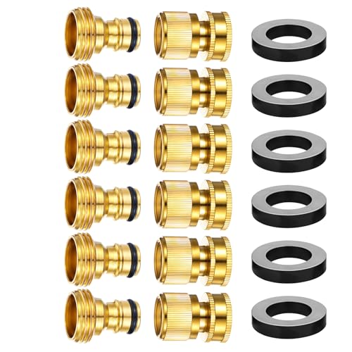 Garden Hose Quick Connector, 6 Sets Solid Brass Quick Connect 3/4 Inch GHT Thread Fitting Connect Kit No-Leak Water Hose Connectors (Female+Male)