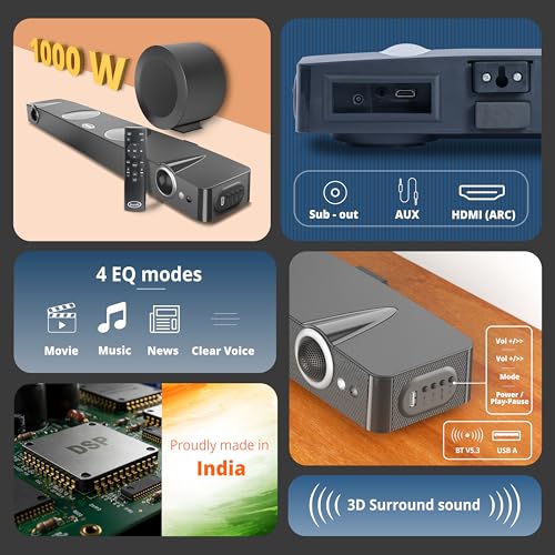Image of IWAI Thunder 2.1 Channel Soundbar with External Subwoofer, 1000W, HDMI(ARC), Bluetooth V5.3, 4 EQ Modes, 3D Surround Sound