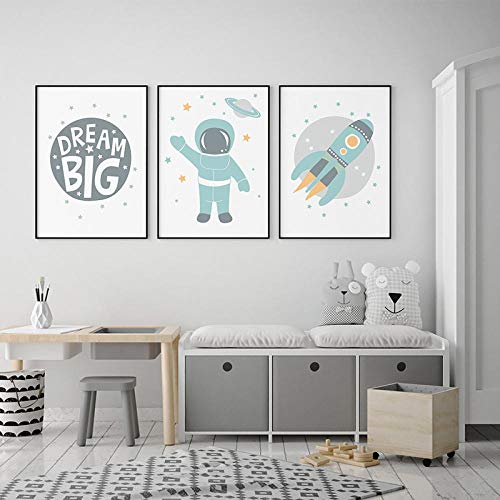 MYSY Astronauta Póster Space Rocket Bebé Habitación Niños Arte Pared Lienzo Póster Impresión Pintura Niños Decorativo 30 x 40 x 3 Pcs Sin Marco Cover