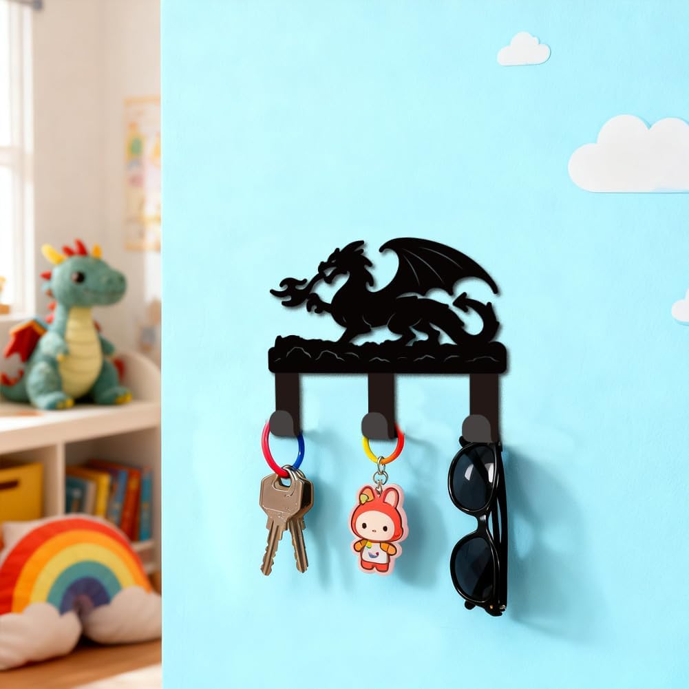 Dragon Key Holder for Wall Mini Black Iron Key Hooks Wall Mounted Key Rack with 3 Hooks Small Key Hanger House Key Holder for Entryway Front Door Hallway Bathroom Bedroom Garden