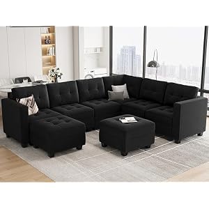 Reversible L-Shape Corner Sectional Tufted Linen Fabric Sofa Couch with Built-in Arm Cup Holder and Chaise Lounger (90″ L x 57.5″ W x 34”H) (Black)