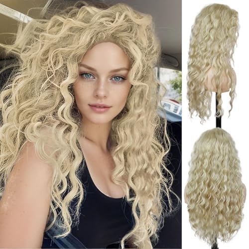 Image of GNIMEGIL 26 Inch Long Blonde Curly Wigs for Women Golden Wig Wavy Synthetic Wig Heat Resistant Looking Natural Hair Halloween Costume for Girls Cosplay