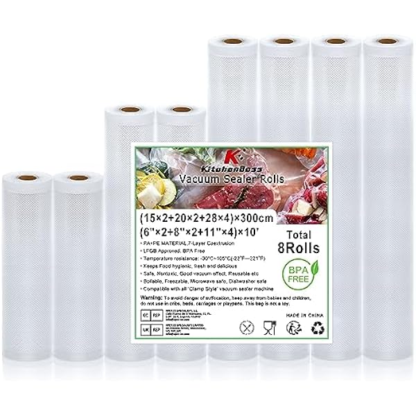 KitchenBoss Worki do pakowania próżniowego, folia próżniowa, rolki folii próżniowej, rolki foliowe, worki foliowe, bez BPA, do zgrzewarki próżniowej, 8 rolek 15 x 2/20 x 2/28 x 4/300 cm