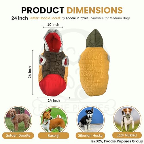 Image of Foodie Puppies Dog Puffer Hoodie Warm Winter Jacket - (Yellow Olive, 24 Inch) for Medium Sized Dogs | Ultra Warm Waterproof & Windproof Fur Coat | Washable Pet Vest Apparel for Cold Weather