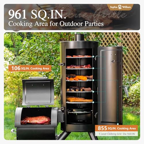 Image of Sophia & William Heavy-Duty Vertical Offset Charcoal Smoker Extra Large Outdoor BBQ Gill with Offset Smoker, 961 SQ.IN. Cooking Area with Warming Tray,Push-out Ash Tray for Event Gathering, Black