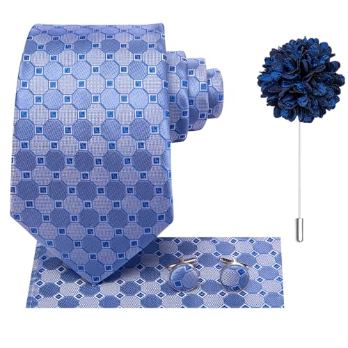 Image of Hi-Tie Sky Blue Mens Ties Light Blue Plaid Necktie for Men Novelty Tie Handkerchief Cufflinks Lapel Pin Set Wedding Business, Medium