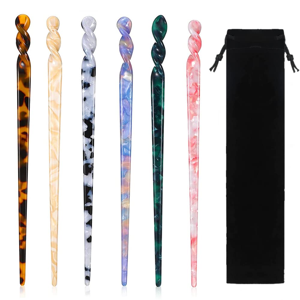 6 Pieces Acetate Hair Sticks: Vintage Tortoiseshell and Leopard Print Hairpins for Buns, Long Hair Accessories with Flannel Bag for Women & Girls
