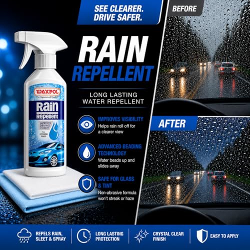 Image of Waxpol Rain Repellent Kit (with Applicator & Special Cloth for Glass) Water Repellent for Car Windshield & Helmet | Durable Hydrophobic Coating | Improves Visibility in Heavy Rain- 200 ML