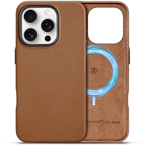 Shieldon Coque Standard Magnétique pour iPhone 16 Pro en Cuir Véritable, Etui Case Housse Protection Antidérapant Compatible Chargement sans Fil pour iPhone...