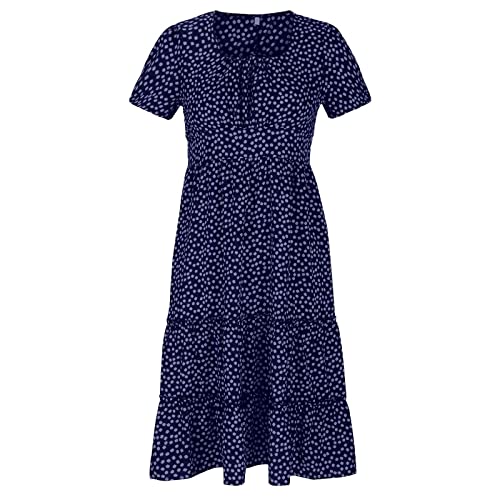 Generic A-466 Vestidos soltos azul-marinho para mulheres, verão, outono, manga curta, gola quadrada,