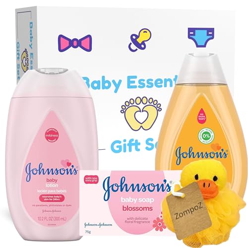 Image of Johnson's Baby Essentials Gift Set, 4 Piece Newborn Baby Essentials Set Includes Baby Shampoo, Baby Lotion, Baby Soap, Pink Poof, for Baby Shower, Baby Bath Time & Skin Care