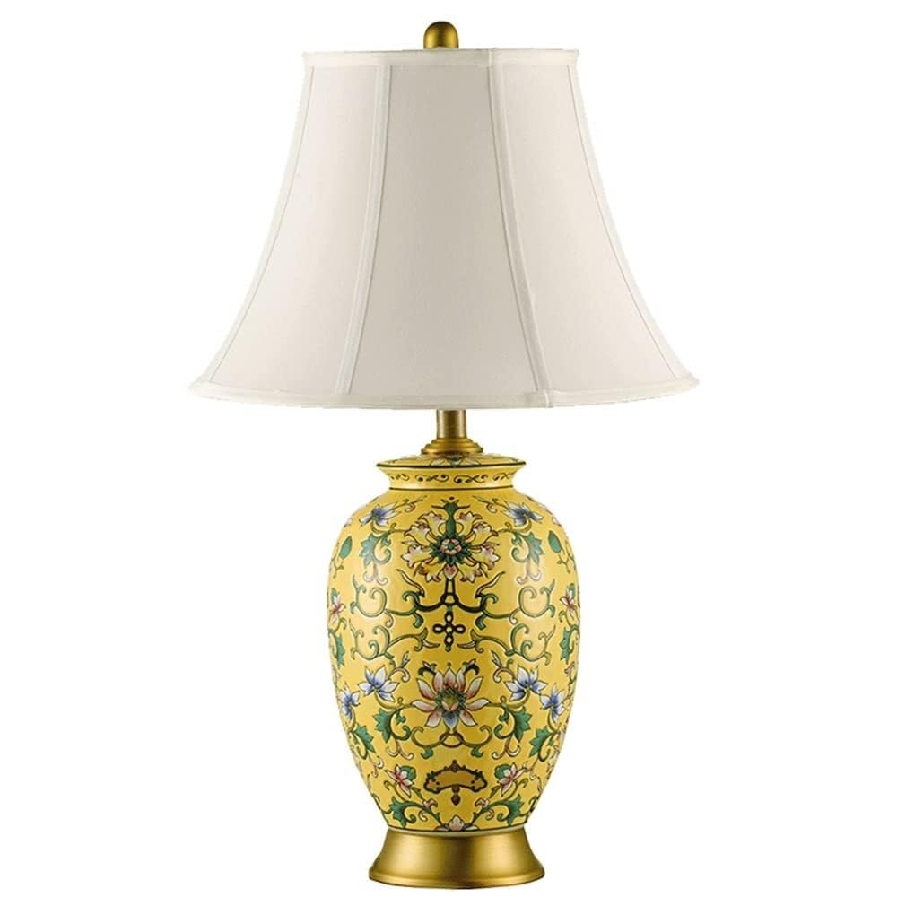 HYHDDM Chinese Style Hand Painted Ceramic Table Lamp, Yellow Oriental All Copper Bedside Desk Lamp for Bedroom Villa