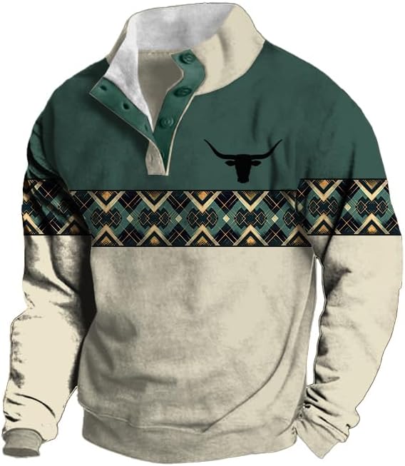 Retro Long Sleeve Sweatshirts for Men Fall West Cowboy Country Aztec Bull Print Stand Collar Button Pullover