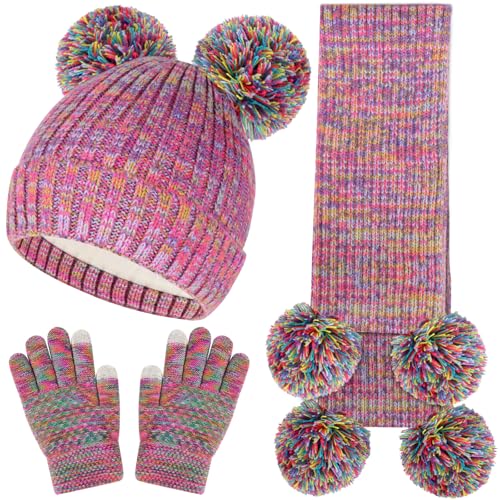 Kids Winter Beanie Hat Glove Scarf Set Toddlers Girls Winter Knit Hat with Pom Long Scarf Gloves for Kids Ages 5-12