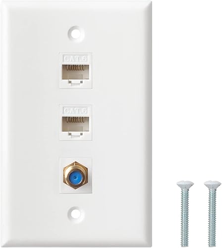 Placa de pared coaxial Ethernet, 2 puertos Cat6 Keystone hembra a hembra, 1 puerto tipo F conector coaxial Keystone placa de pared - Blanco