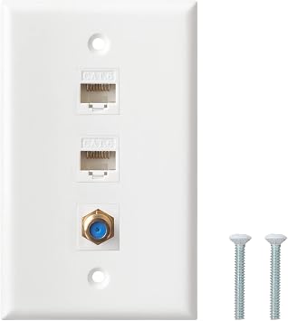 Ethernet Coax Wall Plate, 2 Port Cat6 Keystone Female to Female, 1 Port F Type Connector Coax Keystone Wall Plate - White