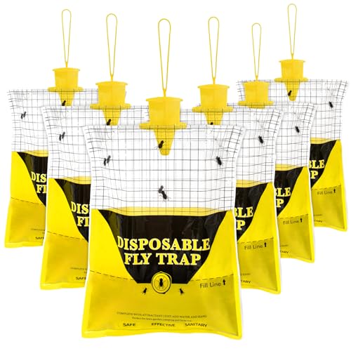 Glovv Paquete de 6 bolsas desechables para trampa de moscas grandes para colgar al aire libre, cazador con cebo, control de rancho de caballos estable, repelente para granero, granja, mosquitos