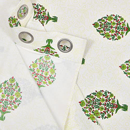 Image of BLOCKS OF INDIA Hand Block Printed Cotton Daylight Curtains with Eyelets | Green PAAN, 5 FEET /Window