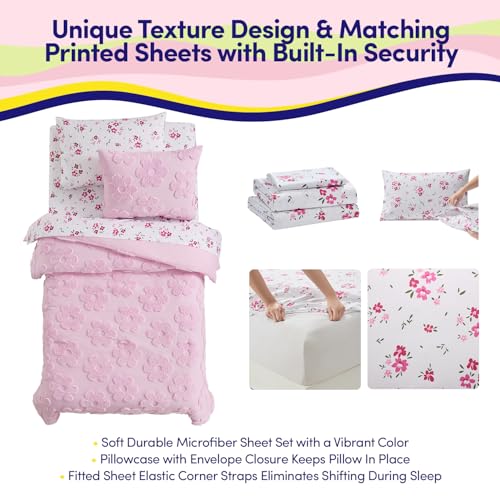 Image of Kids Twin Size Bed in a Bag Tufted Comforter & Sheet Set - Complete Bedding Set with Corner Strap Fitted Sheet, Ultra Soft Lightweight All Season Comforter, Girls Bedroom, Dorm, Guest Room