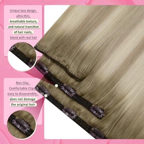 Image of YoungSee Blonde Clip in Hair Extensions 12 Inch Short Human Hair Clip ins Extensions Ash Blonde Balayage Platinum Blond, Easy to Wear at Home, Clip in Extensions Real Human Hair for Beginners 7Pcs 85G