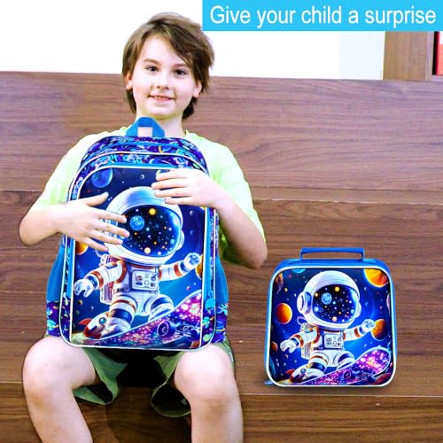 Image of 3Pcs Space Backpack for School, Boys Astronaut Bookbag with Lunch Box, 16 inch Kids Backpacks for Elementary Preschool Kindergarten (Blue)
