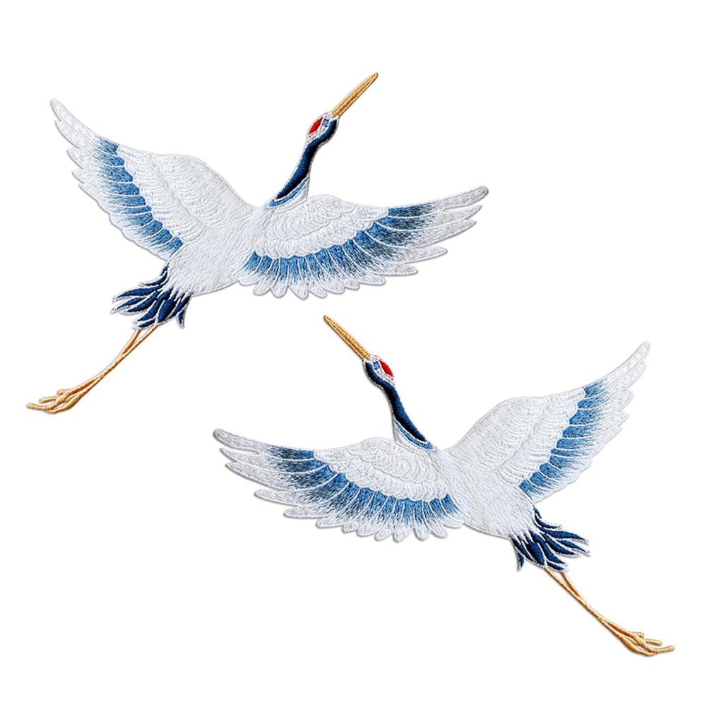 Large Pair Crane Sew On Patch Japanese Tsuru Chinese Bird Back Patch Embroidery Big Notion Applique Motif Jacket Dress Gown Pant Biker Rider