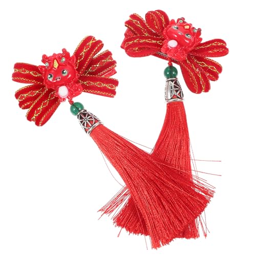 MUCKLILY Barrettes à Cheveux Chinoises Nœud Papillote et Pompons Rouges Paire D’Accessoires pour Cheveux Hanfu pour Filles et Adolescentes Style Traditionnel pour Nouvel An Chinois