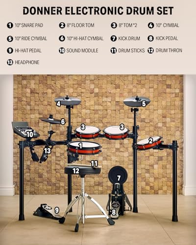 Donner Electronic Drum Set with Bluetooth, Electric Drum Kit with Throne, Headphones, Drumsticks, Melodics Lessons, 450 Sounds E Drum with USB MIDI, 5 Pads and 3 Cymbals Digital Drum, DED-200(2026) - image 6