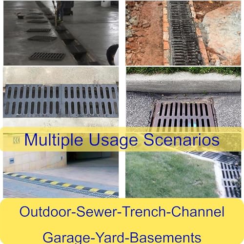 Image of Cast Iron Drain Grate, Driveway Channel Cover 20x12 in A-Class | Heavy-Duty Outdoor Trench Drainage, Black Rectangle Metal Sewer Cover for Garage, Yard, True 19.7x11.8