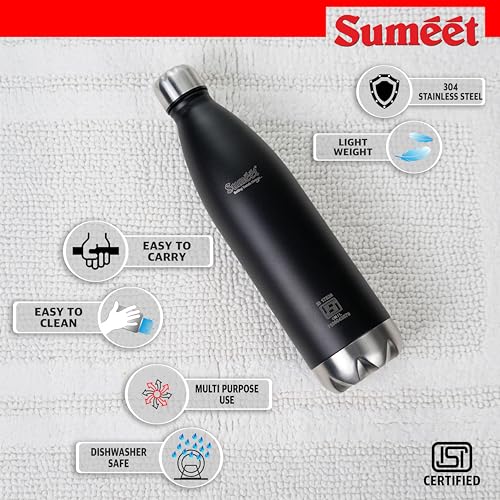 Image of Sumeet Thermo1000 ISI Certified Stainless Steel Hot & Cold Double Walled Leak Proof Vacuum Flask /Water Bottle for Office /School /College /Gym /Picnic /Home /Trekking- 1000ml, Black