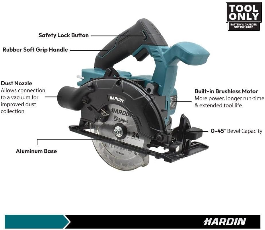 Hardin HD-8610 18V Brushless 6-1/2 Inch Cordless Circular Saw | 5,000 RPM High-Speed Cutting | 0–45° Bevel, Blade Included | Lightweight Jobsite Power – Tool Only