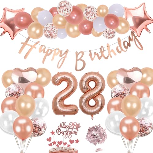 28 ° Kit Palloncini Compleanno Decorazione Oro Rosa Per Bambina Ragazza, Elio Giganti Numero Palloncino Colorati Tavolo Foil Buon Compleanno Banner Torta Decorazione Regalo Per 28 Anni Donna Festa